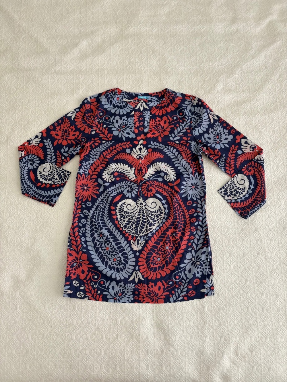 J. McLaughlin Paisley Popover Tunic Navy Coral Lavender Cotton M